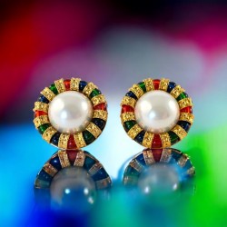 Vintage Landau Multicolor Glass Faux Mabe Pearl Gold Tone Round Clip-on Earrings