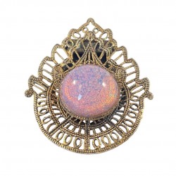 Vintage Victorian Revival Faux Opal Cabochon & Brass Filigree Brooch/Dress Clip