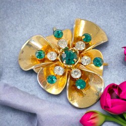 Vintage 1940's Emerald & Clear Rhinestones Gold Plated Floral Brooch/Pendant