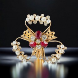 Vintage Scitarelli Red & Clear Rhinestones, Faux Pearls Gold Tone Floral Brooch