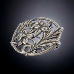 Vintage Art Nouveau Revival Sterling Silver Daffodil Floral Brooch/Pendant
