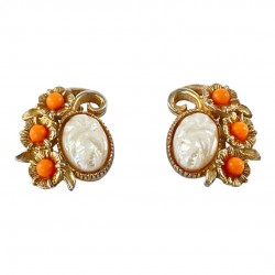 Vintage Signed ART White Pearlized Molded Glass & Faux Coral Floral Gold Tone Clip-on Earrings