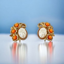 Vintage Signed ART White Pearlized Molded Glass & Faux Coral Floral Gold Tone Clip-on Earrings