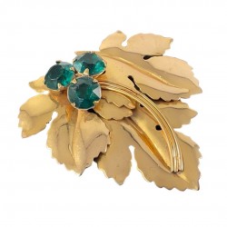 Vintage 1940's Emerald Rhinestones Gold Tone Flower & Leaves Large Brooch