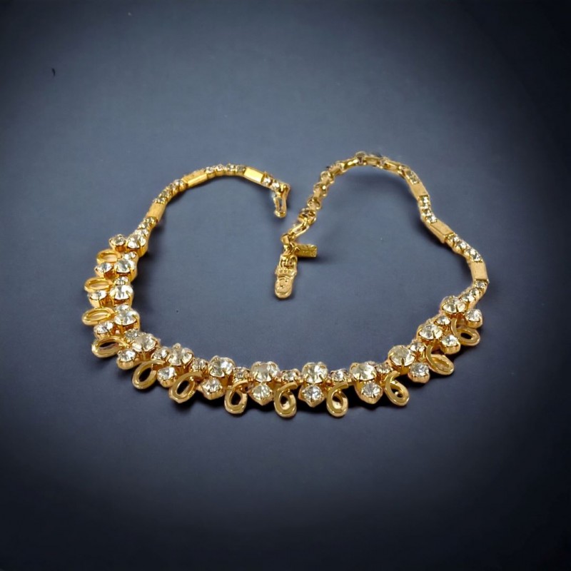 Vintage Emmons Rhinestones & Gold Tone Loops Necklace