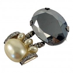 Vintage Faceted Hematite Glass Oval & Faux Pearls Dangle Statement Brooch