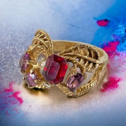 Vintage Red & Purple Rhinestones Gold Plated Floral Statement Ring
