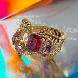Vintage Red & Purple Rhinestones Gold Plated Floral Statement Ring