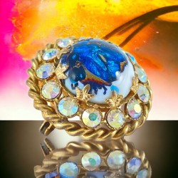 Vintage French Blue Art Glass Cabochon & AB Rhinestones Gold Tone Round Brooch