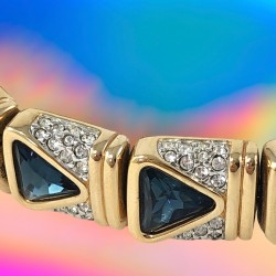 Vintage SAL Blue Triangle Rhinestones Gold Plated Bracelet