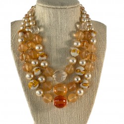 Vintage Japan Champagne & Honey Plastic, Faux Pearls & Art Glass 3-Strand Necklace