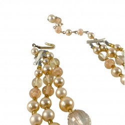 Vintage Japan Champagne & Honey Plastic, Faux Pearls & Art Glass 3-Strand Necklace