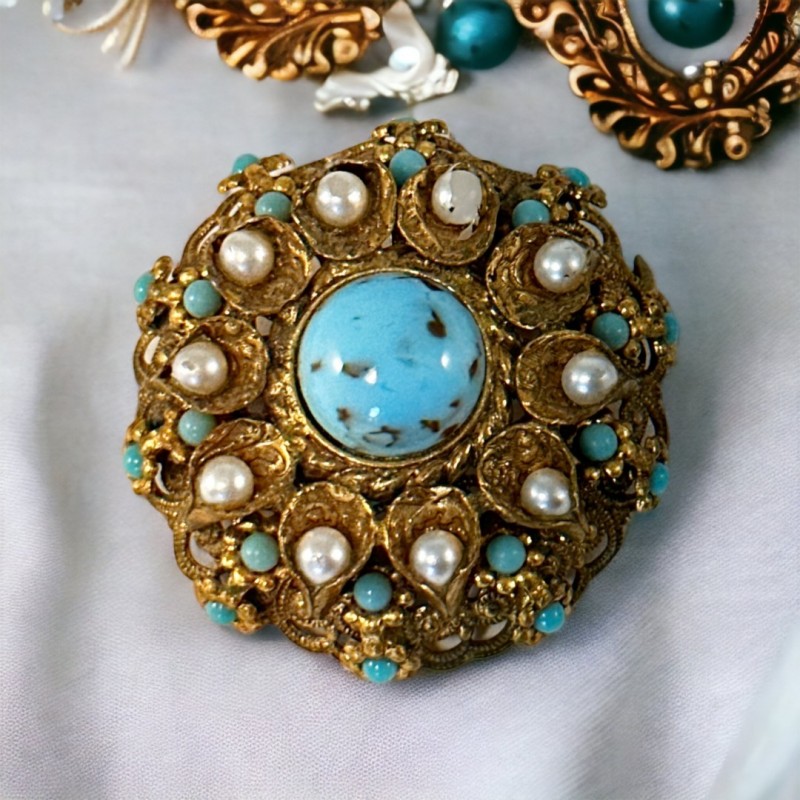 Vintage Czech Turquoise Glass & Faux Pearls Brass Filigree Floral Round Brooch