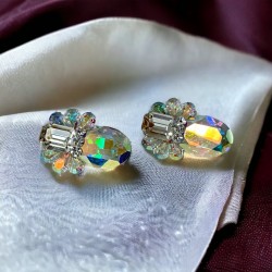 Vintage Aurora Borealis Austrian Crystal Statement Clip-on Earrings