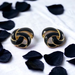 Vintage Trifari Black Enamel Gold Tone Twist Knot Clip-on Earrings