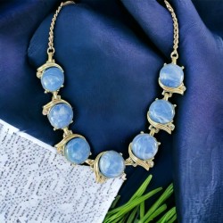 Vintage Light Blue Plastic Cabochon Links Necklace - Light Gold Tone Chain - Rhinestone Accents