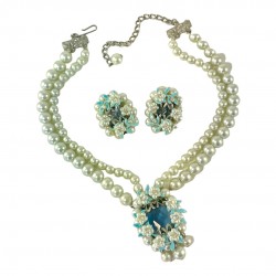 Vintage 1950s Faux Pearls & Blue Floral Ornate Pendant Necklace + Earrings Set Myriam Haskell Style