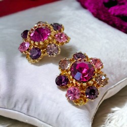 Vintage Sparkly Pink & Amethyst Rhinestones Gold Tone Earrings - 1960s