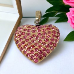Vintage Pink Rhinestones Pearlized Lucite Heart Pendant - 1950's Sparkling Love Pendant