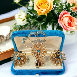 Vintage Aqua Rhinestones Floral Bouquet Brooch & Earrings Set