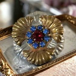 Vintage Red and Blue Rhinestones Floral Brooch - 1940s