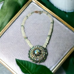 Vintage Green & AB Rhinestones Brooch New Jade Necklace