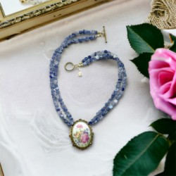 Vintage French Limoges Pendant & Blue Kyanite Necklace