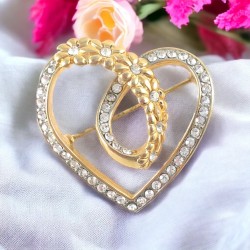 Vintage Pave Rhinestones Flower Heart Brooch - Valentine Gift