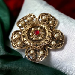 Vintage Red Glass Cabochon & Faux Pearl Brass Filigree Floral Brooch