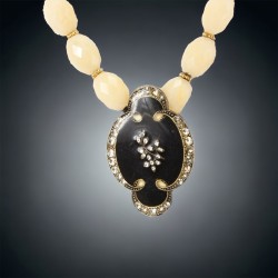 Vintage Pierre Bex Enamel Brooch & Yellow Serpentine Necklace
