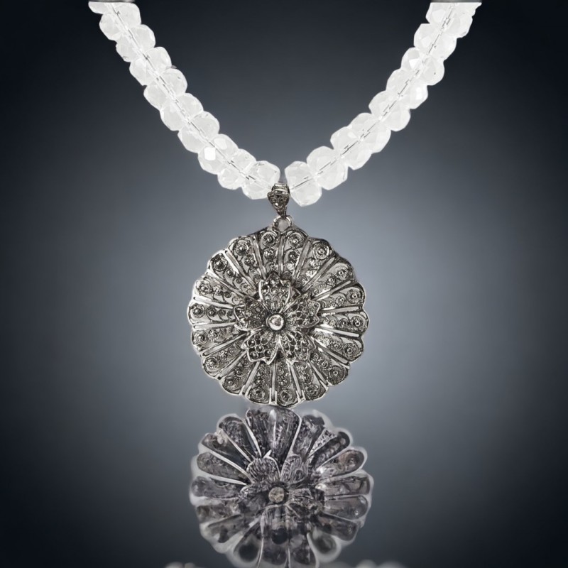 Vintage French Filigree Pendant & Rock Crystal Necklace.