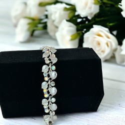 Vintage BSK AB Clear Rhinestones Floral Bracelet - 1960s Silver Tone Matte & Shiny - Signed BSK