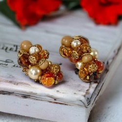 Vintage Light Brown & Amber Filigree Cluster Clip-On Earrings 1950s Fall Colors