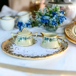 Antique Zeh Scherzer & Co Bavaria Art Nouveau Blue Bindweed Flowers Porcelain Sugar and Creamer Set