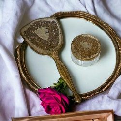Vintage Brass Vanity Set with Mirror and Powder Jar | Victorian Style Embossed Arabesque Decor 1940s | Gift for Her