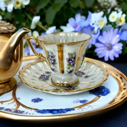 Vintage Royal Sealy Lusterware Tea Cup & Saucer Set with Periwinkle Flowers | Tea Lover Gift