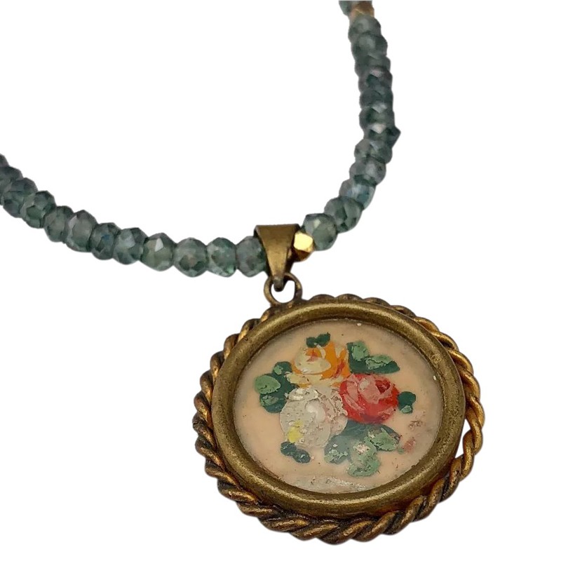 BOUQUET de ROSES - Vintage French Hand Painted Pendant & Green Amethyst Necklace