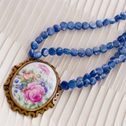 Vintage French Limoges Pendant & Blue Kyanite Necklace