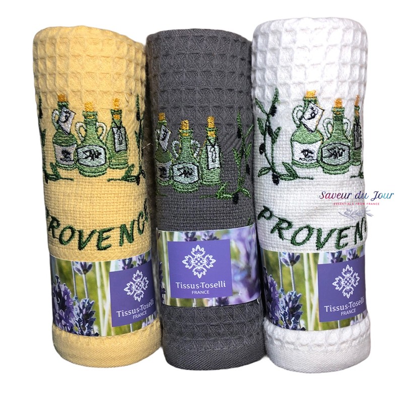 Provence Embroidered Waffle Weave Towel - Olive Oil - Tissus Toselli