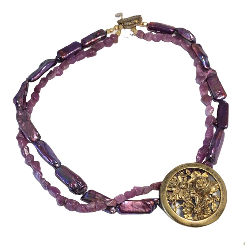 Fleur de Rubis - Antique French Brooch, Pearls & Rough Rubies Necklace