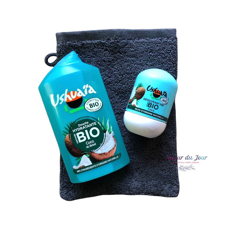 Organic Ushuaia Coconut Shower Gel, Deodorant & French Washcloth Gift Set