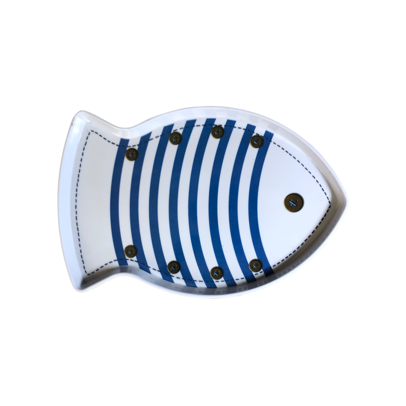 French Blue & White Stripes Sea Design Fish Shaped Tray - Coastal Decor