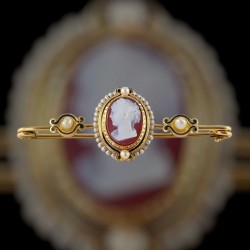 Rare Antique French 19th Century Hard Stone Cameo Natural Pearls Enamel 18K Gold Safety Pin Brooch