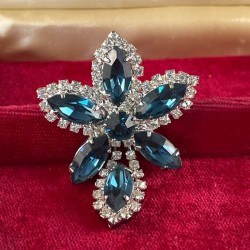Vintage Blue Marquise & Clear Rhinestones Dangle Brooch