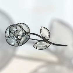 Vintage Bezel & Prong Set Open Back Clear Rhinestones Japanned Metal Flower Brooch and Earrings Demi-Parure