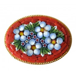 Vintage Italian "Micro" Mosaic Orange Floral Oval Brooch