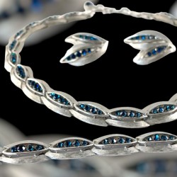 Vintage Crown Trifari Montana Blue & Brushed Silver Tone "Colleen" Parure - Necklace, Bracelet and Earrings