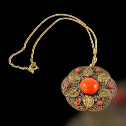 Vintage Czech Faux Coral Filigree Brass Floral Pendant &  Gold Tone Chain Necklace