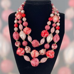 Vintage Japan Pink Plastic & Pearlized Beads Gold Tone 3-Strand Necklace