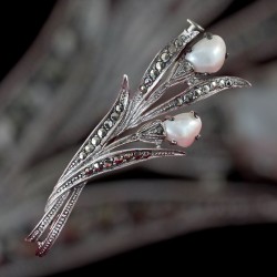 Vintage Art Deco Baby Tooth Pearls & Marcasite Silver Floral Brooch